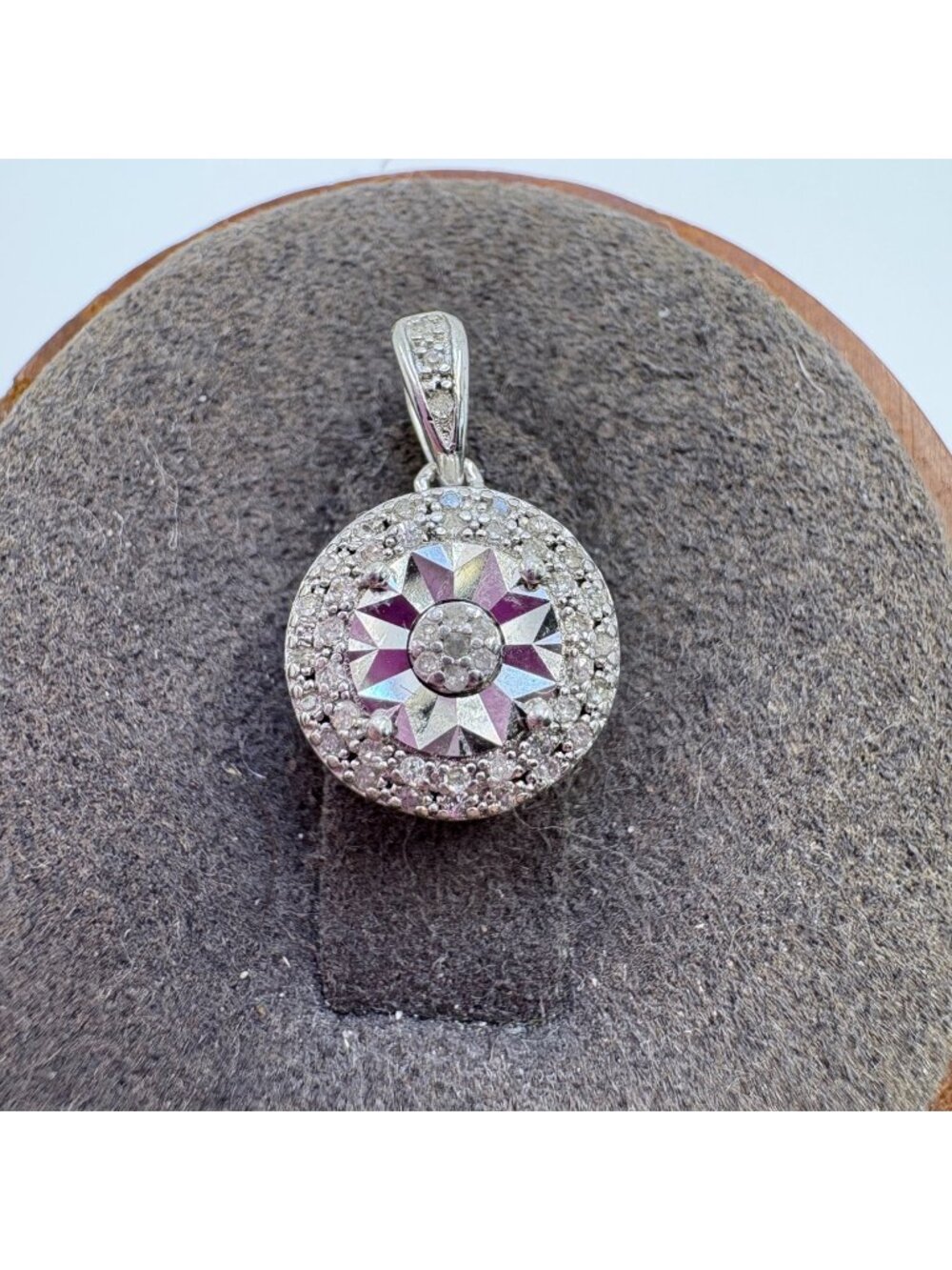 Natural Diamond Circle Pendant VTG Sterling Silver 925 Size 0.5" Length